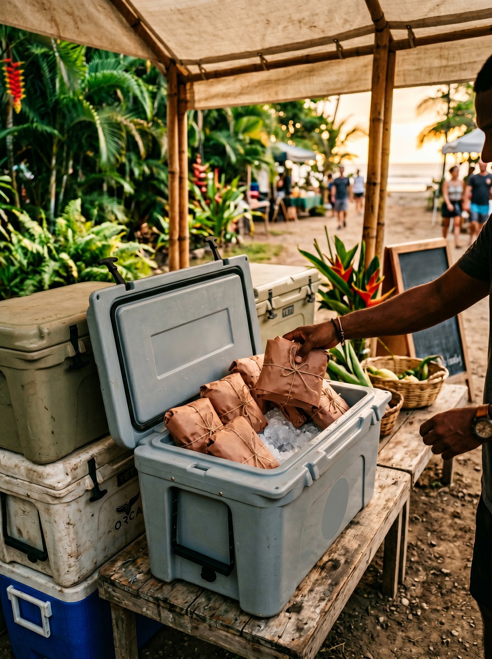 High-end coolers with butcher-paper-wrapped beef on ice at the Playa Guiones farmers market