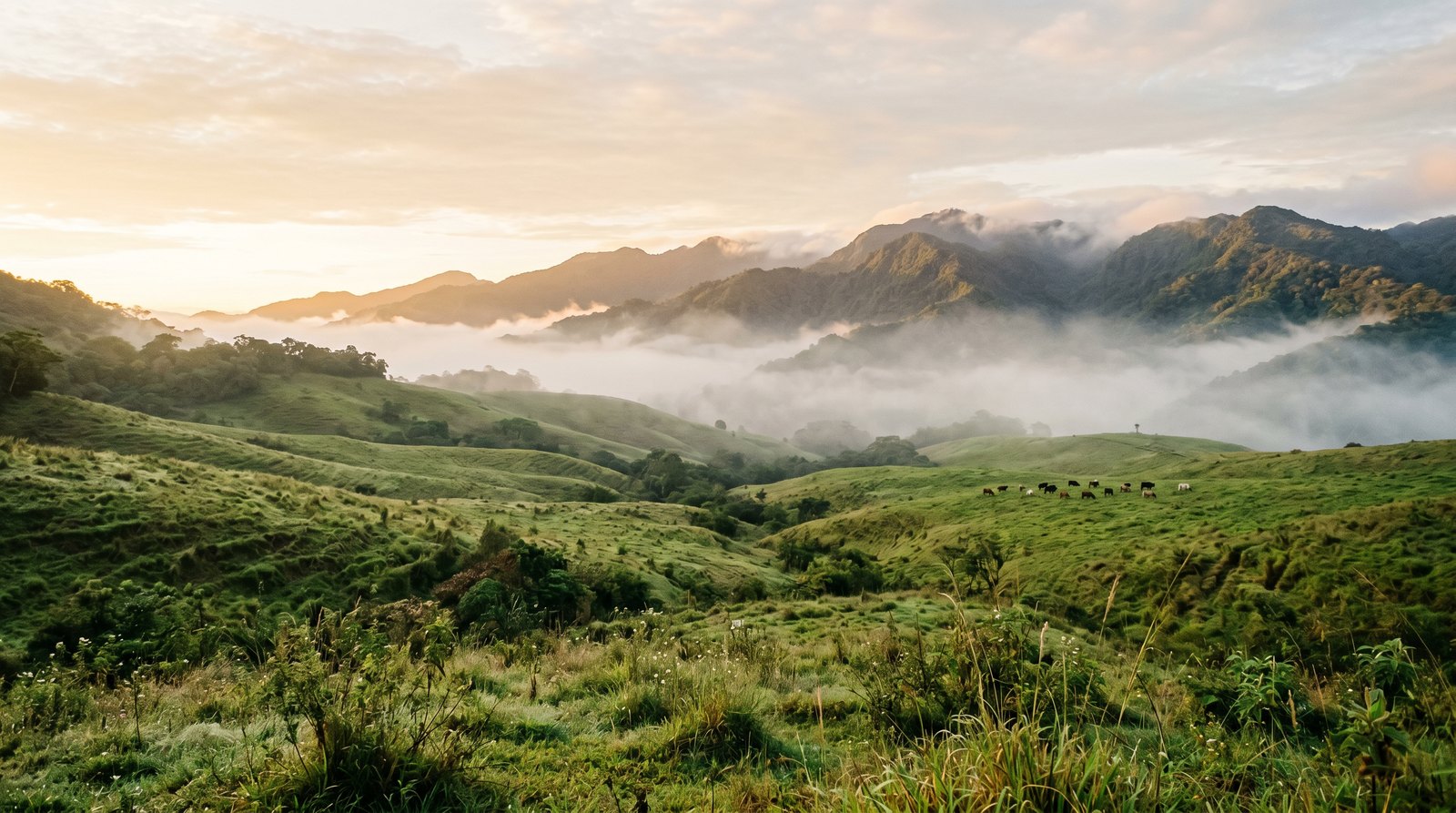 Misty morning view of the Nekawa pasture in the Costa Rican mountains